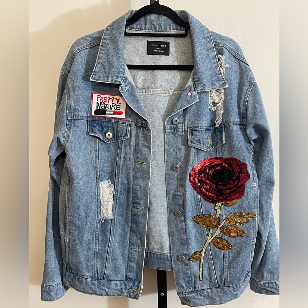 Womens Denim Jacket Large Custom Distressed Patch Graphic Jean Jacket L